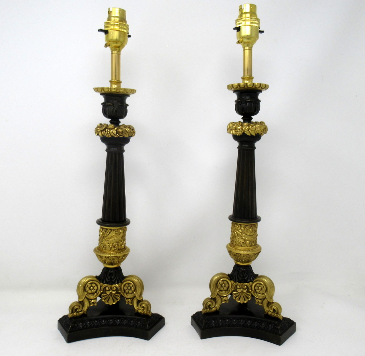 985. Antique Pair of French Doré Bronze Neoclassical Ormolu Candlestick Lamps 19thCt - Image 2