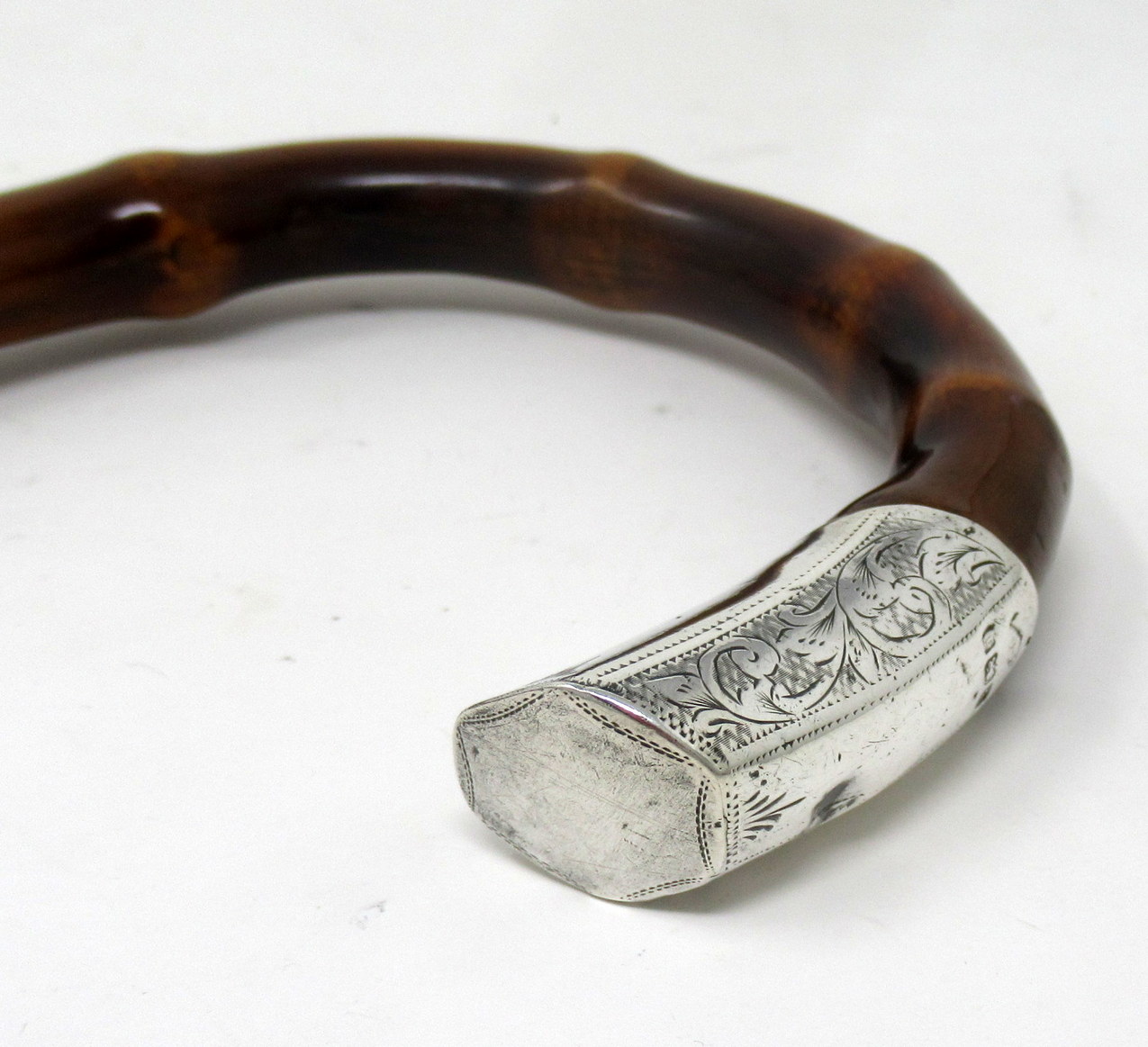454. Antique Bamboo Wooden Walking Stick Cane Sterling Silver Mount Crook Handle 1908 - Image 7