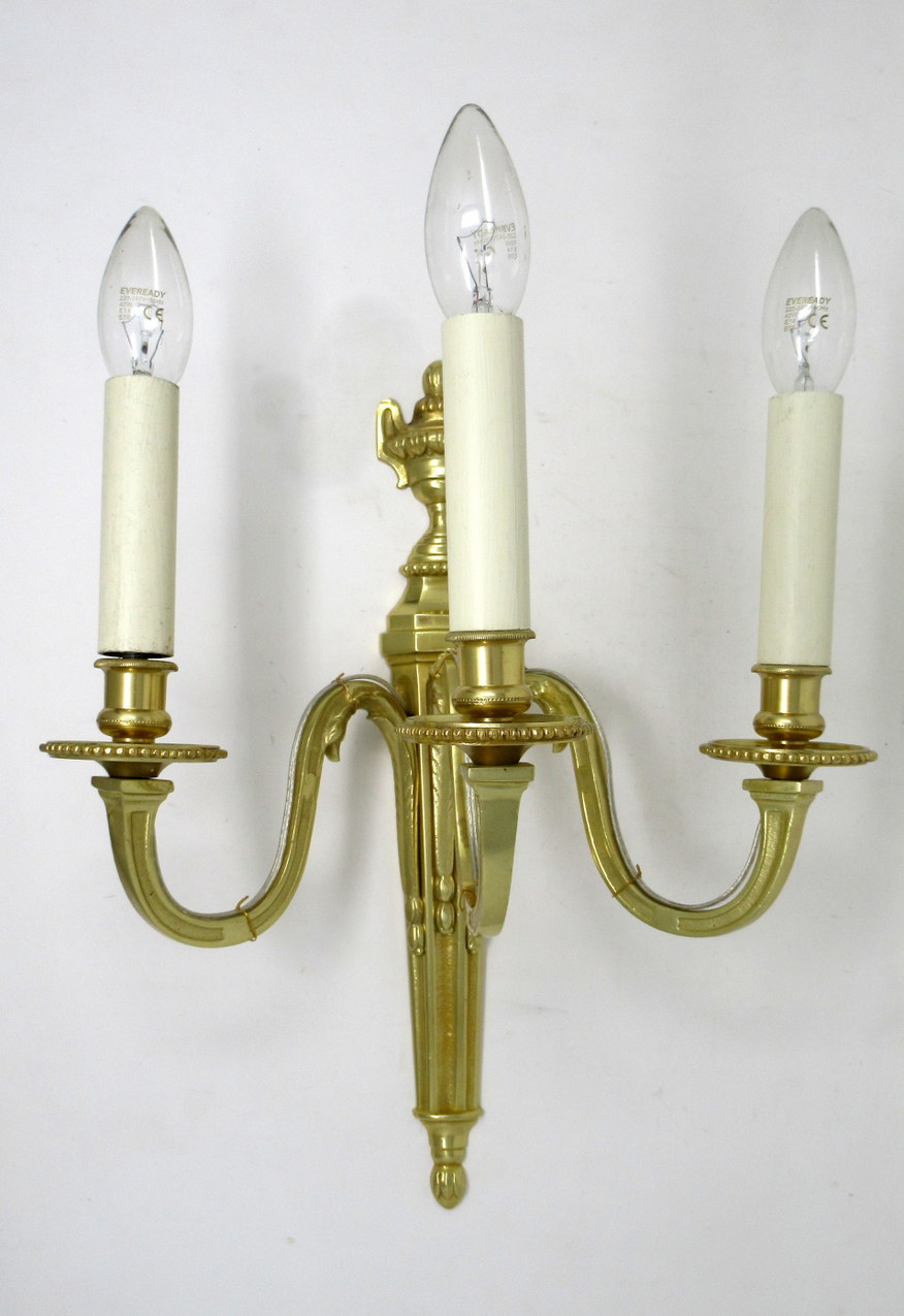 496. Antique Pair of English Gilt Bronze Three Light Wall Candle Sconces 19th Century - Image 3
