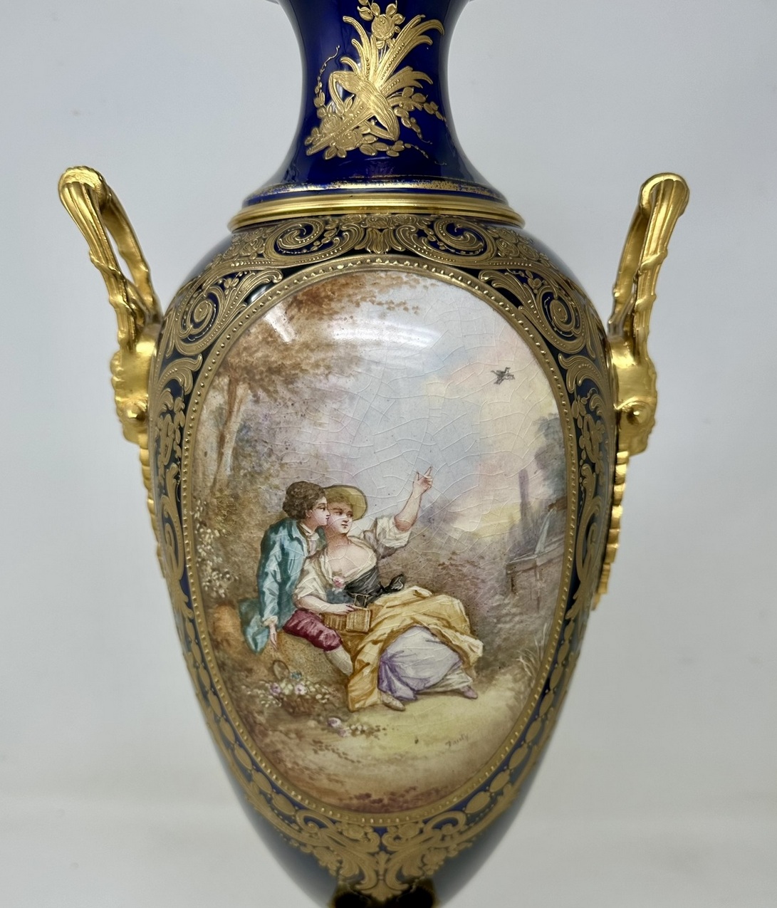 916. Pair Antique French Sèvres Porcelain Ormolu Gilt Bronze Dore Table Urn Lamps - Image 6