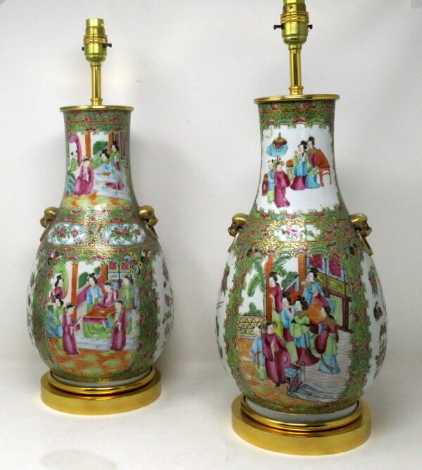 759. Antique Famille Rose Medallion Canton Cantonese Ormolu Chinese Table Lamps Pair