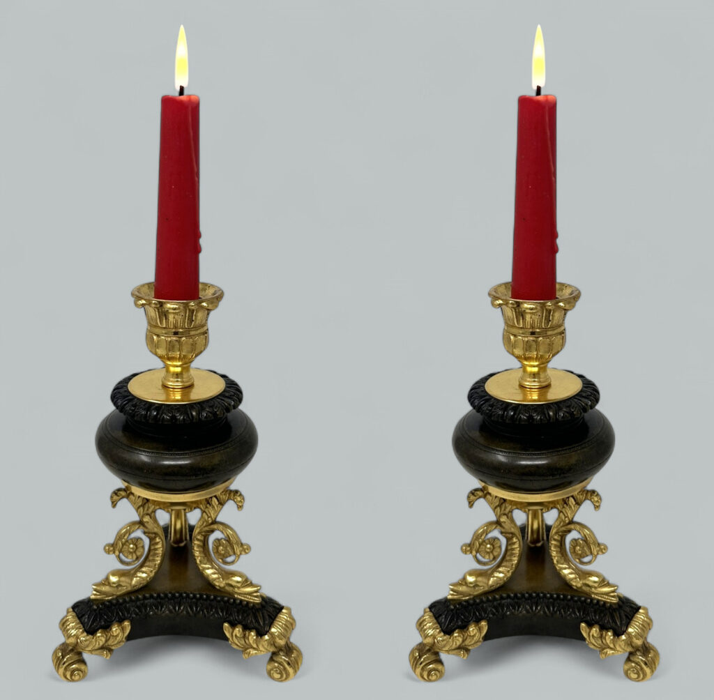 919. Antique Pair French Ormolu Gilt Bronze Dore Empire Candlesticks with Dolphins