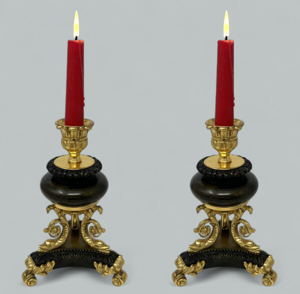 919. Antique Pair French Ormolu Gilt Bronze Dore Empire Candlesticks with Dolphins