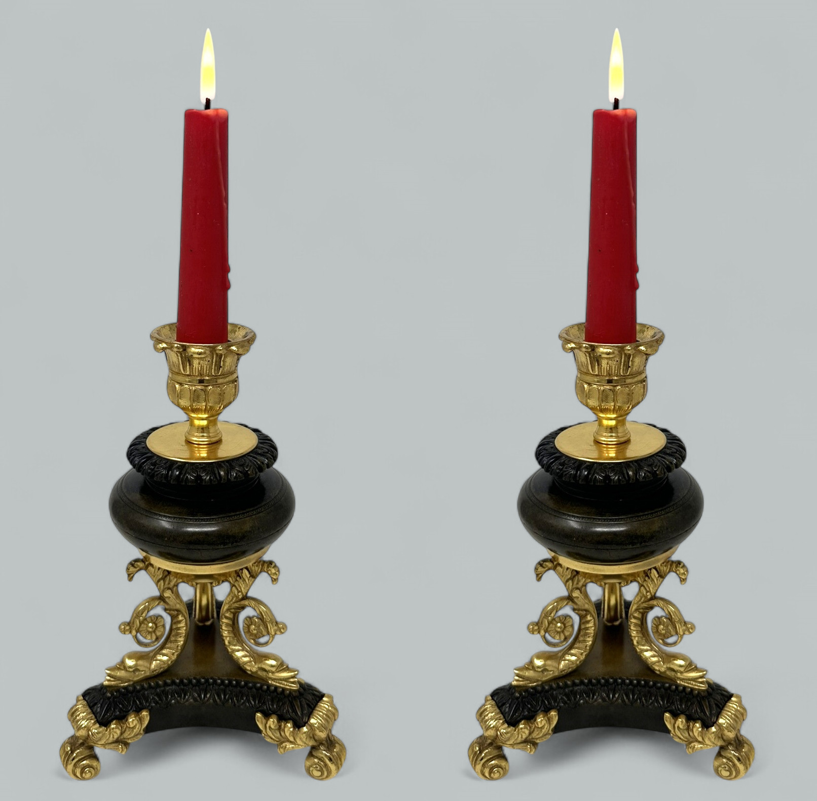 919. Antique Pair French Ormolu Gilt Bronze Dore Empire Candlesticks with Dolphins