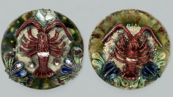 295. Pair Antique Majolica Palissy Portuguese Charger by Jose A Cunha Lobster Seafood