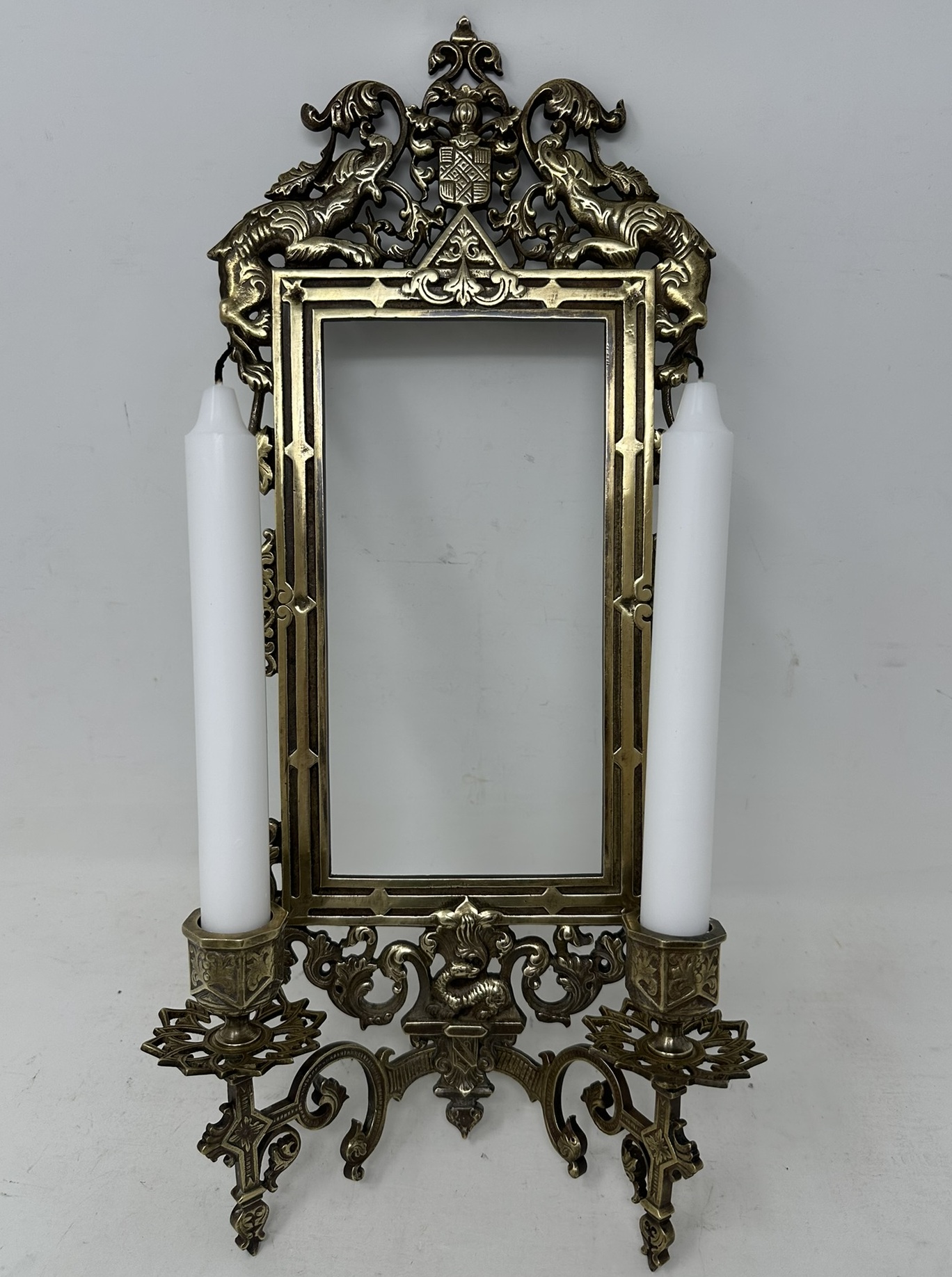 078. Antique Pair French Brass Girandole Wall Applique Sconces Mirrors Candlesticks - Image 3
