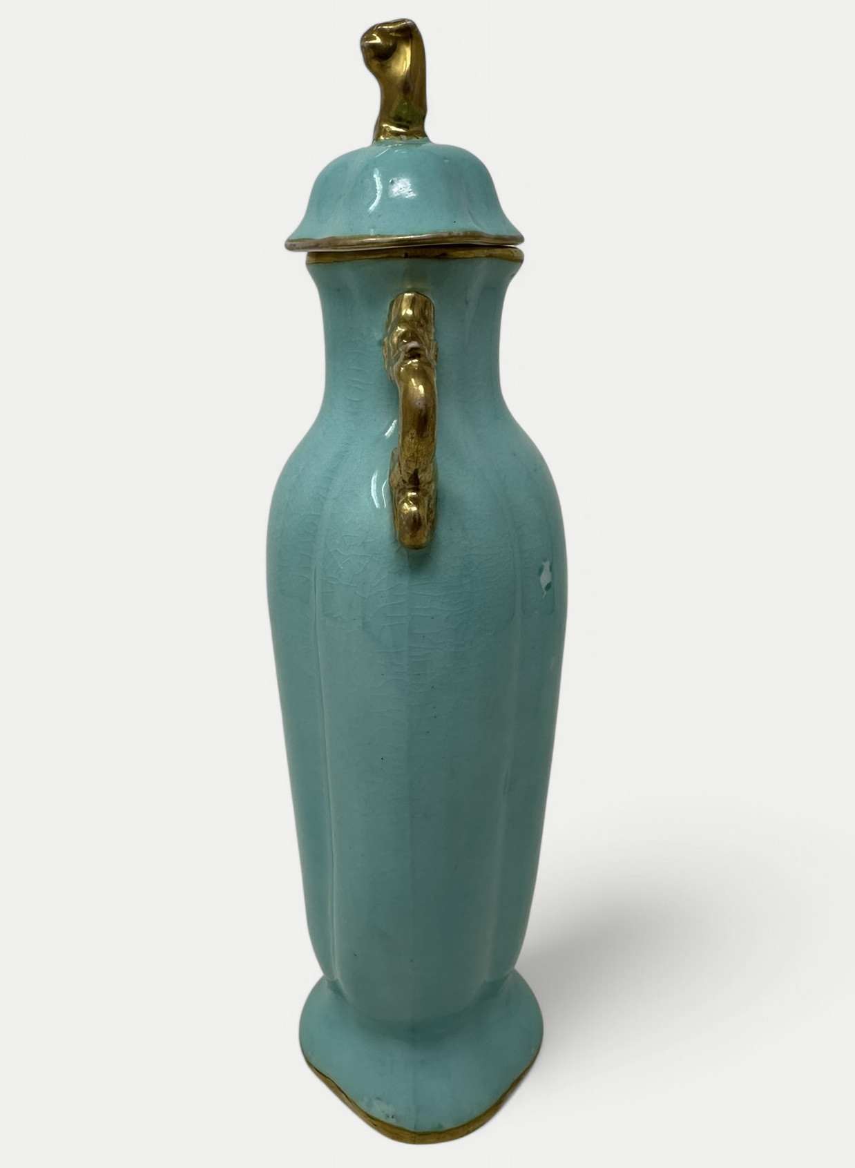 074. Antique Meissen Dresden Vase Urn Centerpiece Turquoise Blue Green Gilt Dragon - Image 2