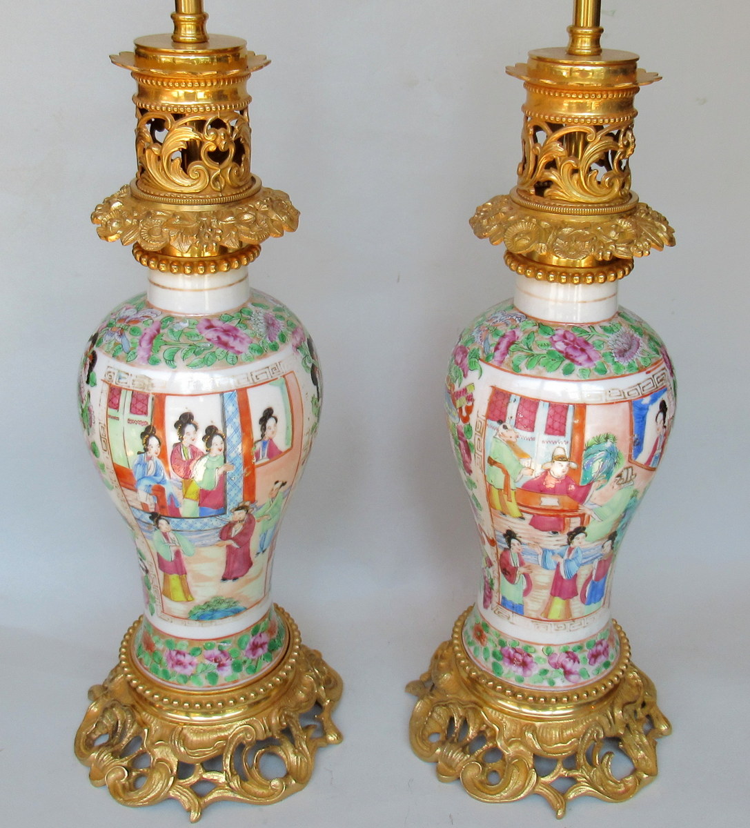 458. Stunning Pair Cantonese Hand Painted Table Lamps 19thCt - Image 6