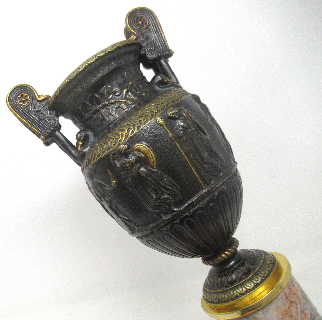 928. Antique Pair French Bronze Ormolu Townley Urns Vases Breche Violette Marble 19Ct - Image 7