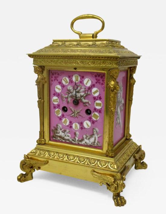 351. French Ormolu Bronze Sèvres Pompadour Pink Porcelain Mantle Carriage Clock 19Ct