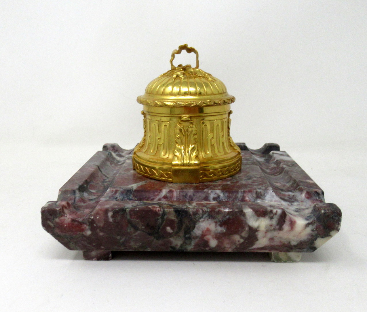 299. Antique French Ormolu Gilt Bronze Breche Violete Marble Desk Inkwell Centerpiece - Image 2