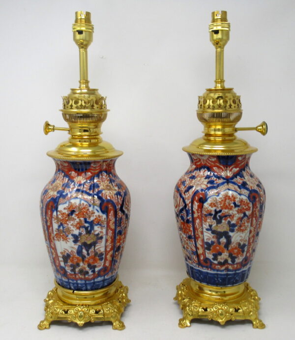 444. Antique Pair Japanese Chinese Imari Porcelain Ormolu Table Lamps Blue Red Gilt