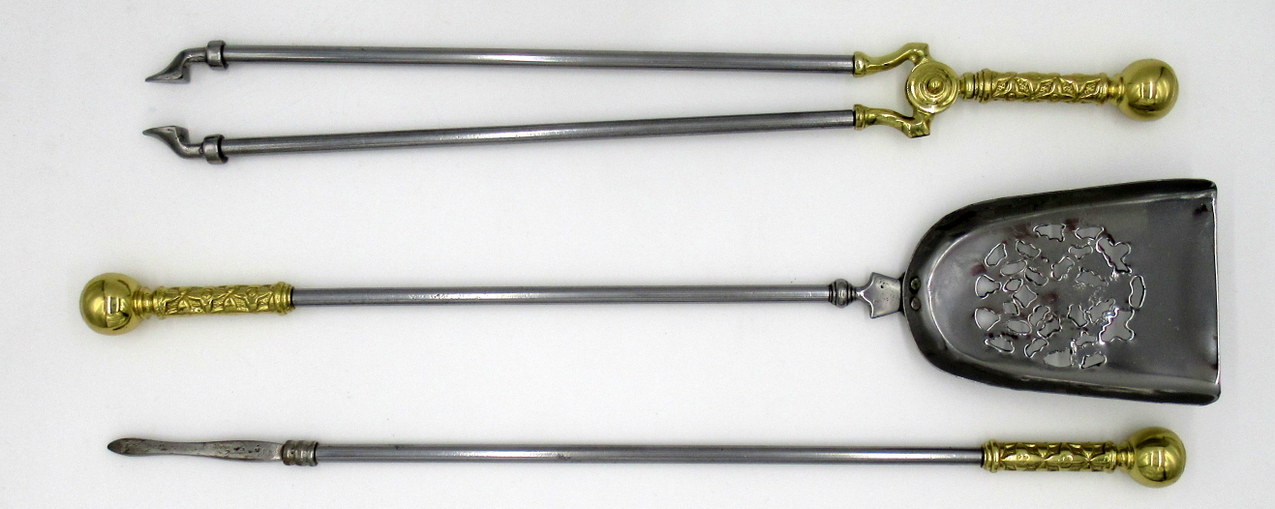 449. Set English Victorian Steel Brass Fireplace Fire Tools Irons Companion 19th Ct - Image 8