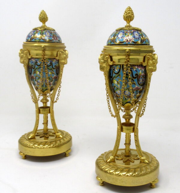 848. Antique Pair French Champlevé Enamel Ormolu Gilt Bronze Cassolettes Urns Vases