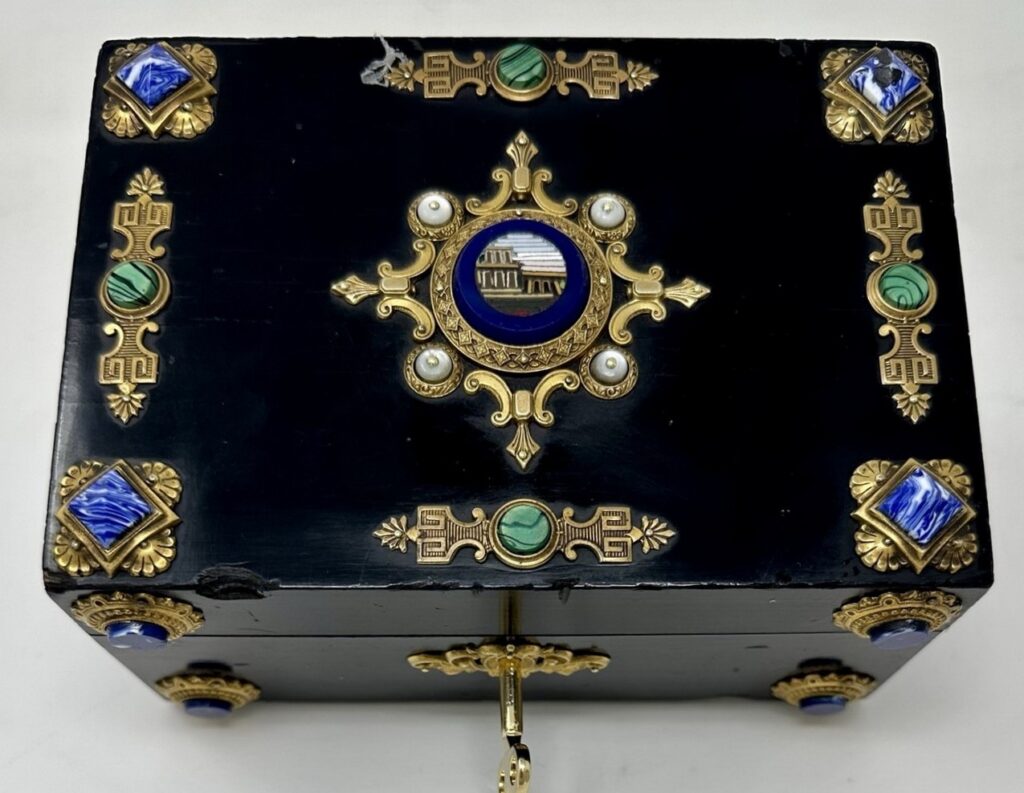 377. Antique Lady's Ormolu Jewellery Box Casket Micromosiac Lapis Lazuli Malachite