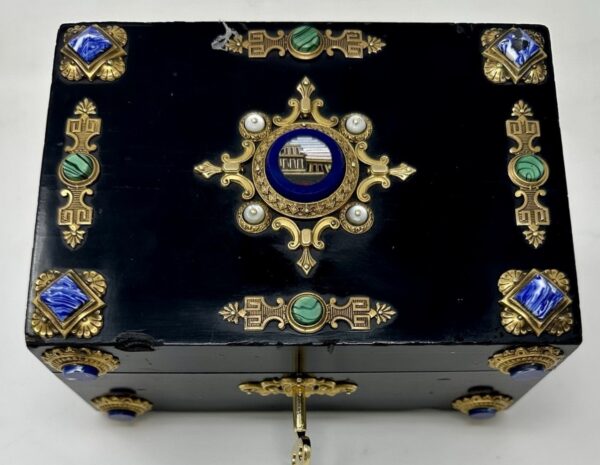 377. Antique Lady's Ormolu Jewellery Box Casket Micromosiac Lapis Lazuli Malachite