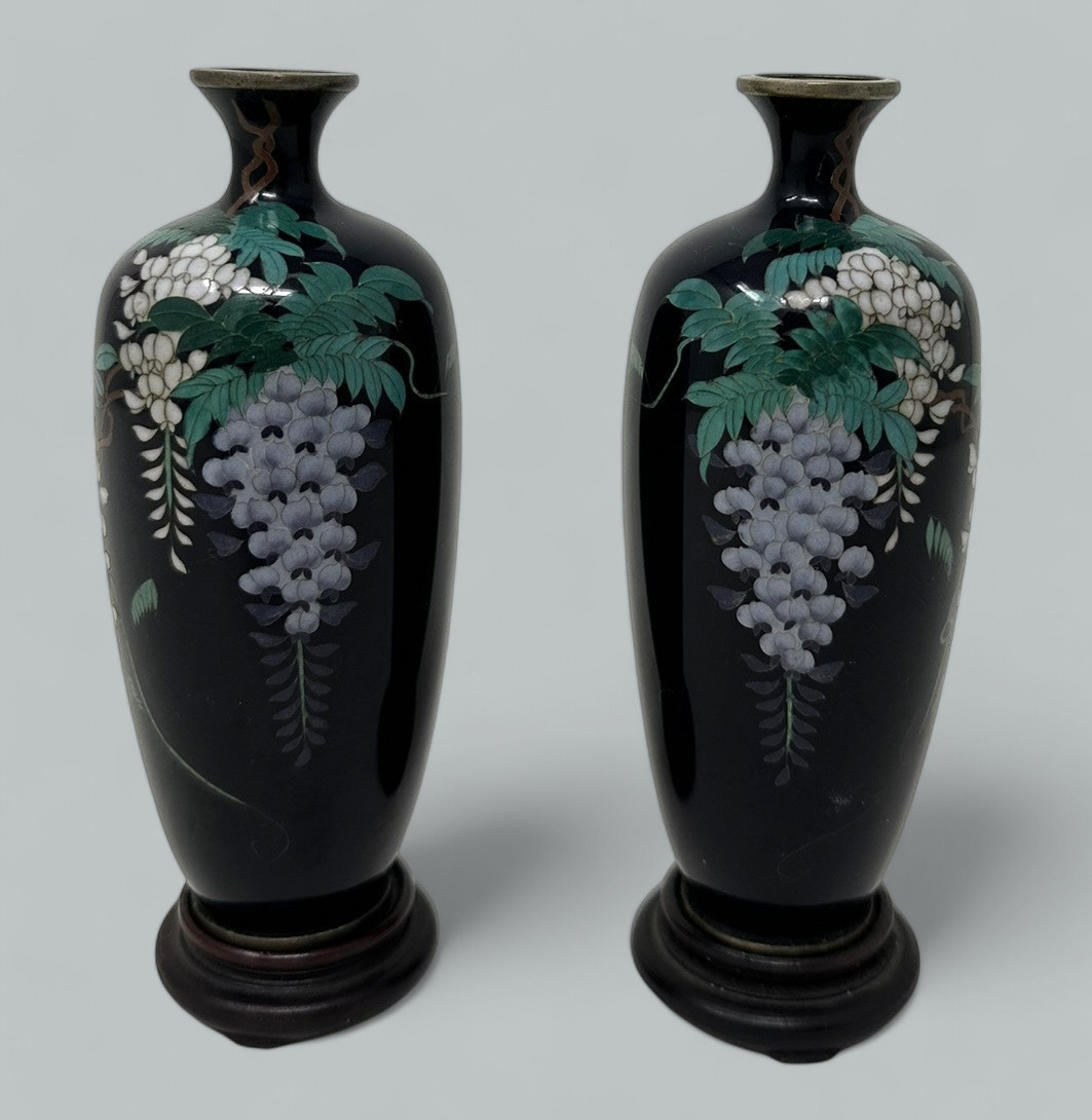 941. Antique Pair Meiji Period Japanese Miniature Cloisonne Enamel Urns Vases 1875 - Image 3