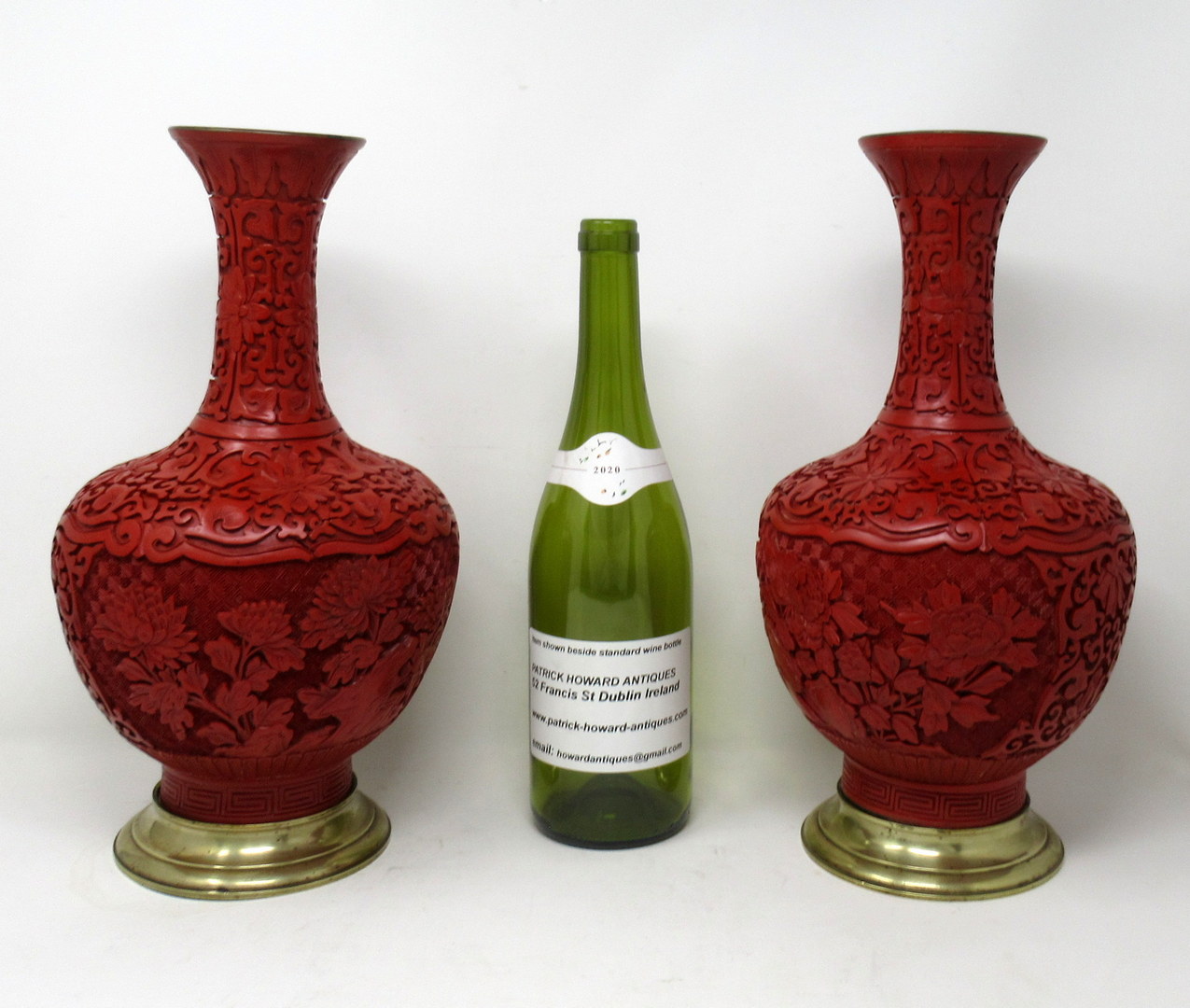 513. Pair Antique Chinese Export Carved Red Cinnabar Vases Urns Guangxu Period - Image 13