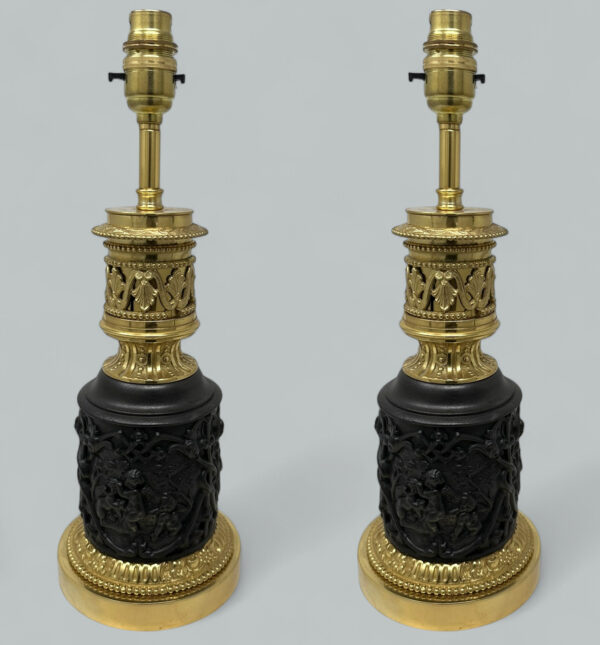 354. Antique Pair French Gilt Bronze Electric Table Oil Lamps Ormolu Mounts, 19th Ct