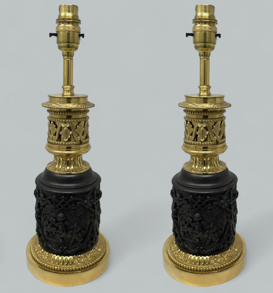 354. Antique Pair French Gilt Bronze Electric Table Oil Lamps Ormolu Mounts, 19th Ct