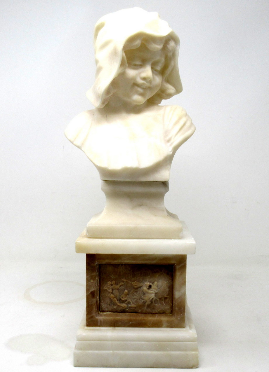 109. Antique Alabaster Bust Figure Wearing Bonnet Classical Scene French Italian 19Ct
