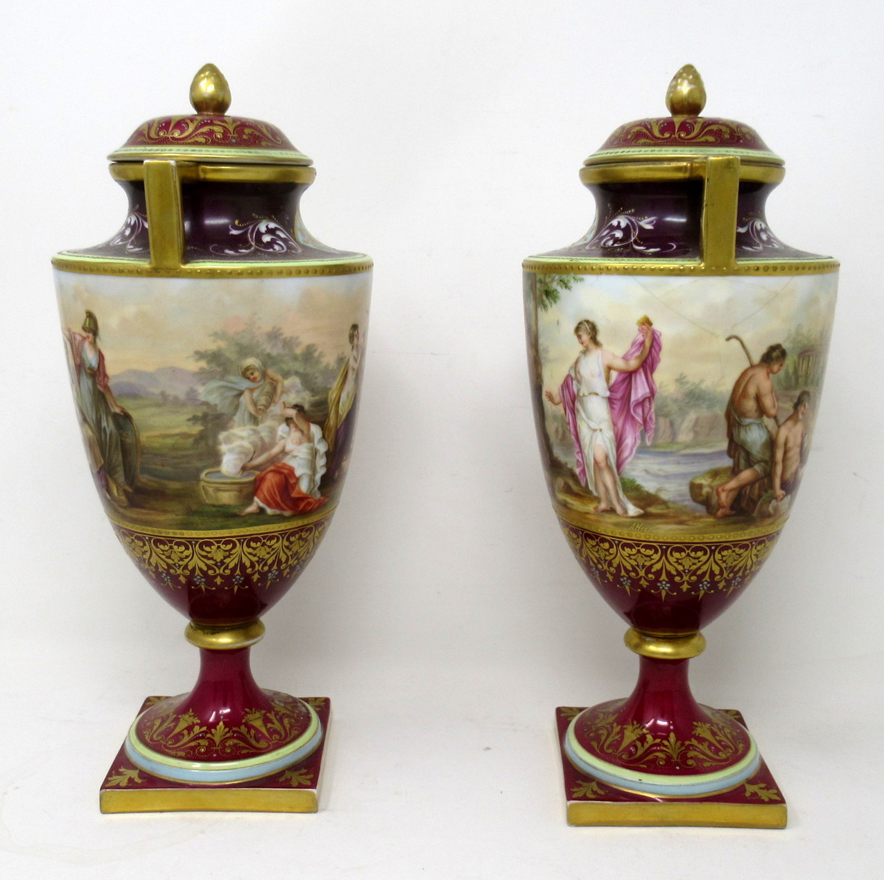 933. Antique Pair Austrian Royal Vienna Mythological Hand Painted Vases Urns A Heer - Image 4
