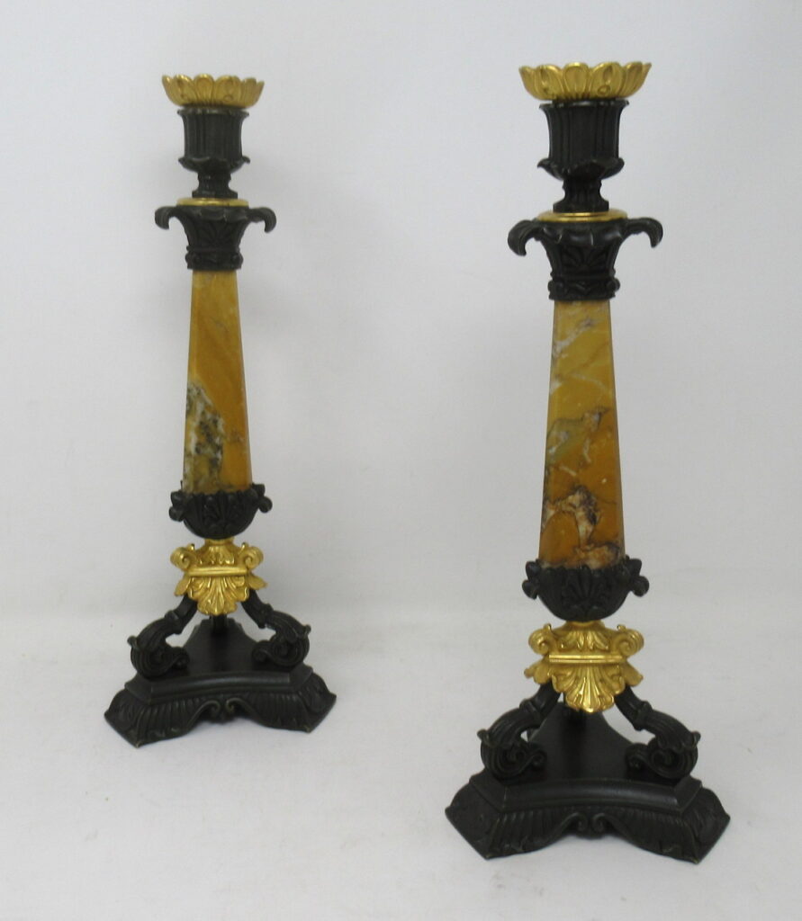 179. Antique Pair of French Sienna Marble Grand Tour Bronze Candelabra Candlesticks