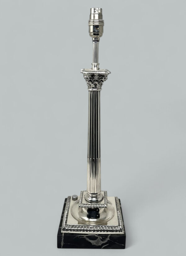 132. Antique Vintage English Sterling Silver Marble Corinthian Column Table Lamp 1900