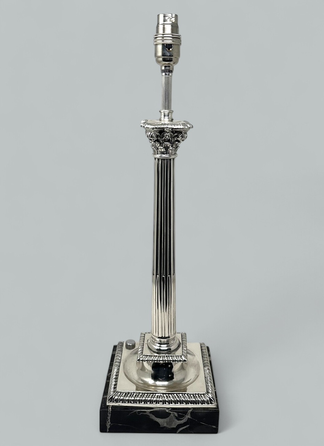 132. Antique Vintage English Sterling Silver Marble Corinthian Column Table Lamp 1900