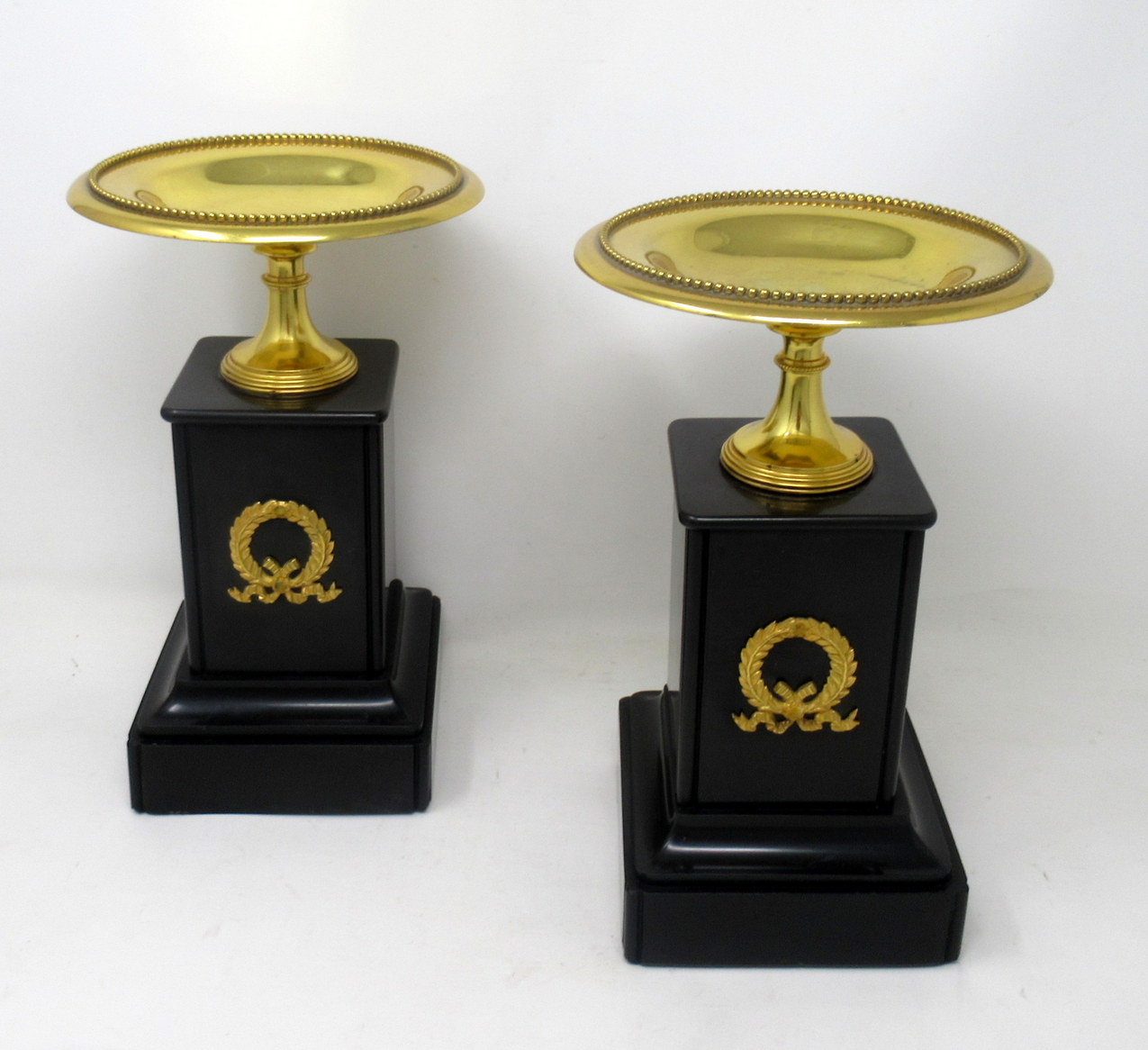 858. Antique Pair of Grand Tour Ormolu Bronze Black Marble Tazza Urns Clock Garniture 19thCt