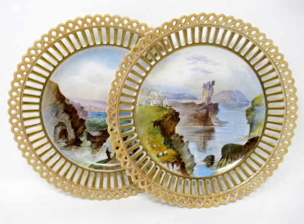188. Rare Pair Irish Hand Painted Porcelain Cabinet Plates by Herbert Cooper 19thCt