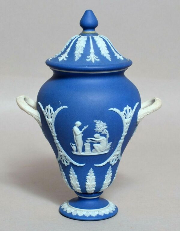 162. Antique Blue Wedgwood Jasperware Ceramic Urn Vase Mythological Classical Scenes