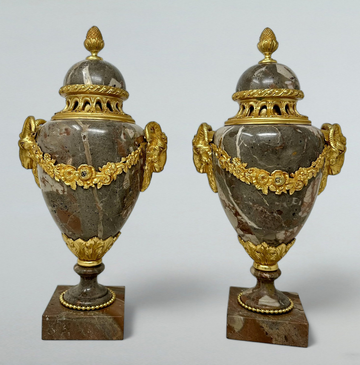 154. Antique Pair French Sarrancolin Marble Gilt Bronze Ormolu Urns Vases Grand Tour - Image 4