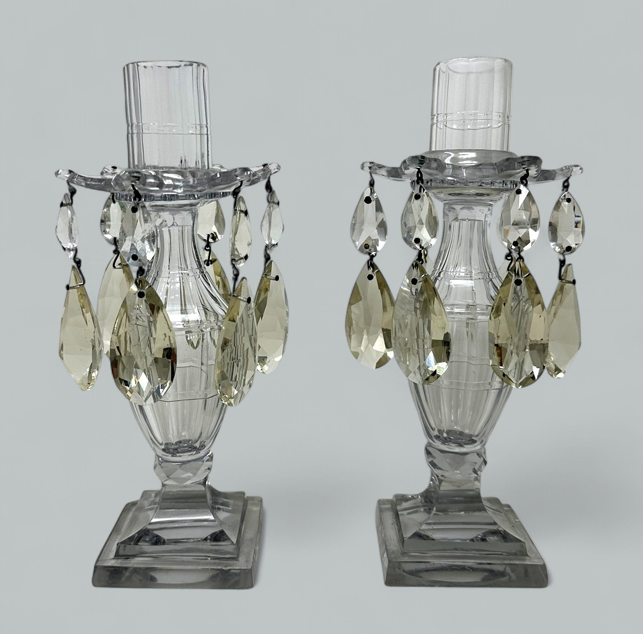 253. Antique Pair possibly Irish Lead Crystal Hand Cut Lustres Candlesticks Ireland - Image 2