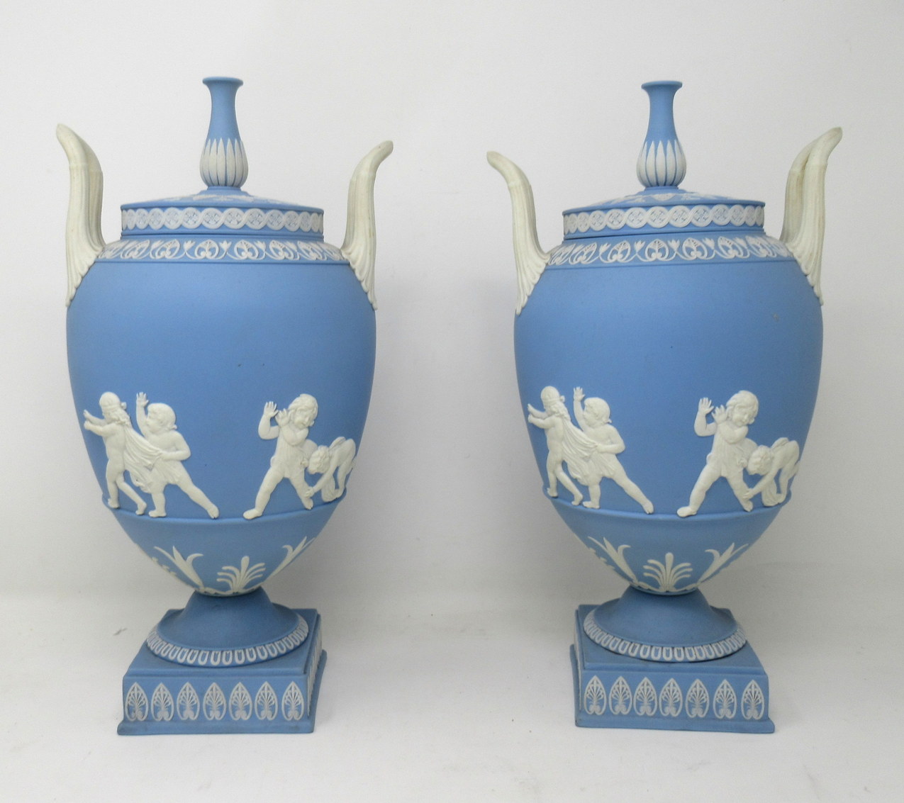 093. Antique Pair of Blue Wedgwood Jasperware Ceramic Urns Vases John Flaxman Cherubs - Image 2