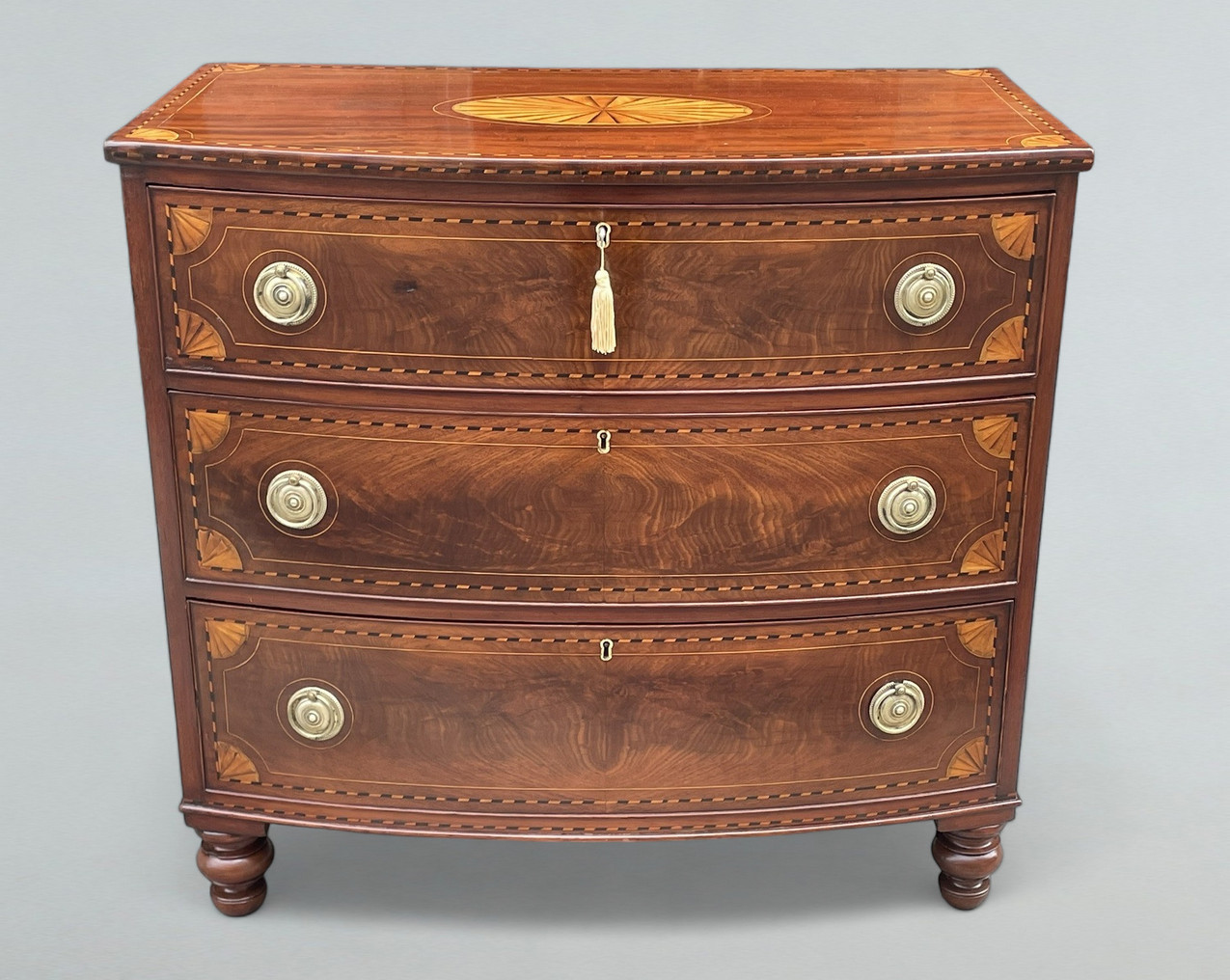 627. Georgian Mahogany Satinwood Bow Front Chest Drawers Sheraton Period 18th Century - Image 3