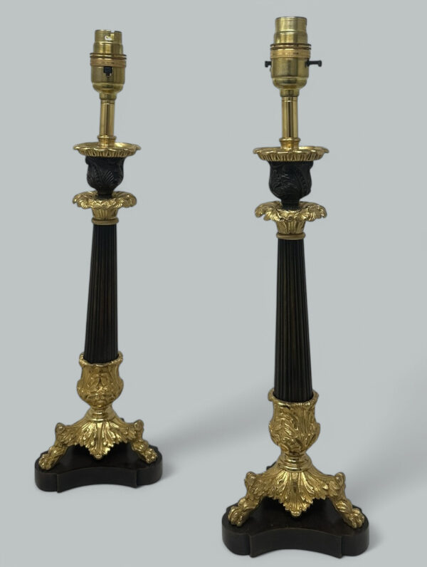 287. Antique Pair of French Doré Bronze Neoclassical Ormolu Gilt Candlesticks Lamps