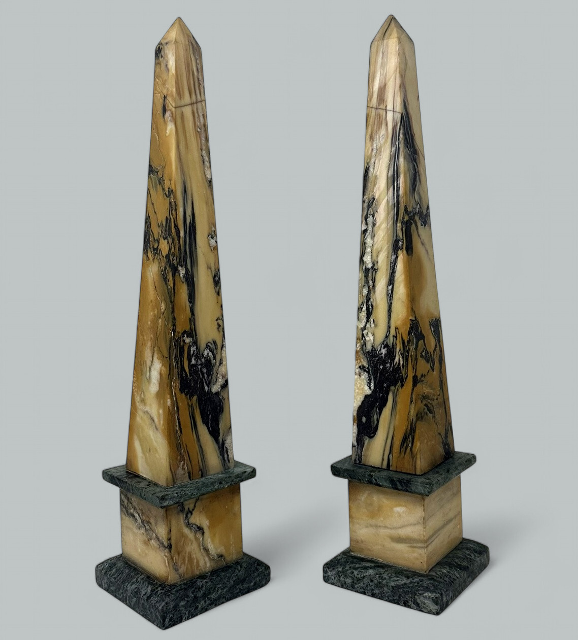 224. Antique Pair Italian Sienna Green Vert Marble Obelisks Garniture Columns 1920's - Image 2