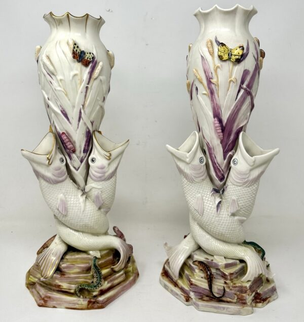 524. Antique Pair Irish Belleek Porcelain Triple Fish Rare Vases 1863-1890 Ireland