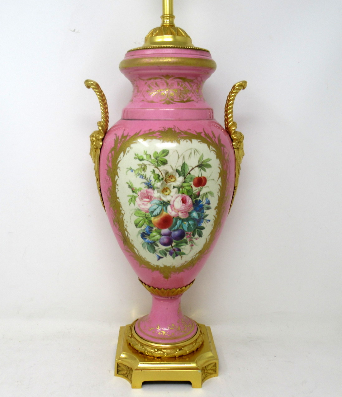 570. Antique French Sèvres Gilt Bronze Porcelain Vase Ormolu Pompadour Pink Table Lamp - Image 3