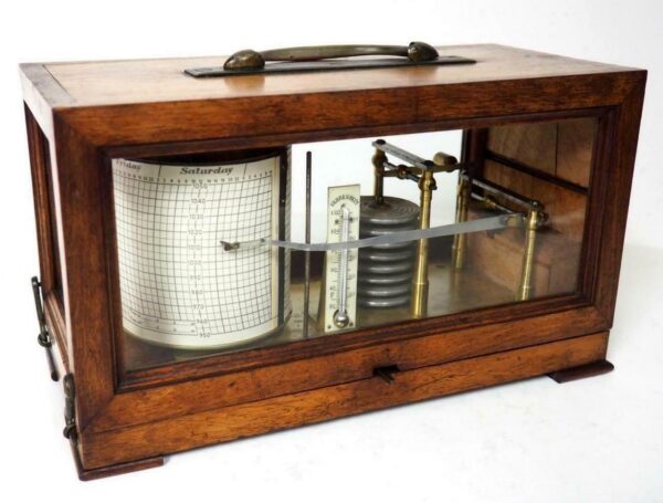 711. Antique English Carved Oak Cased Barograph Scientific Weather Machine