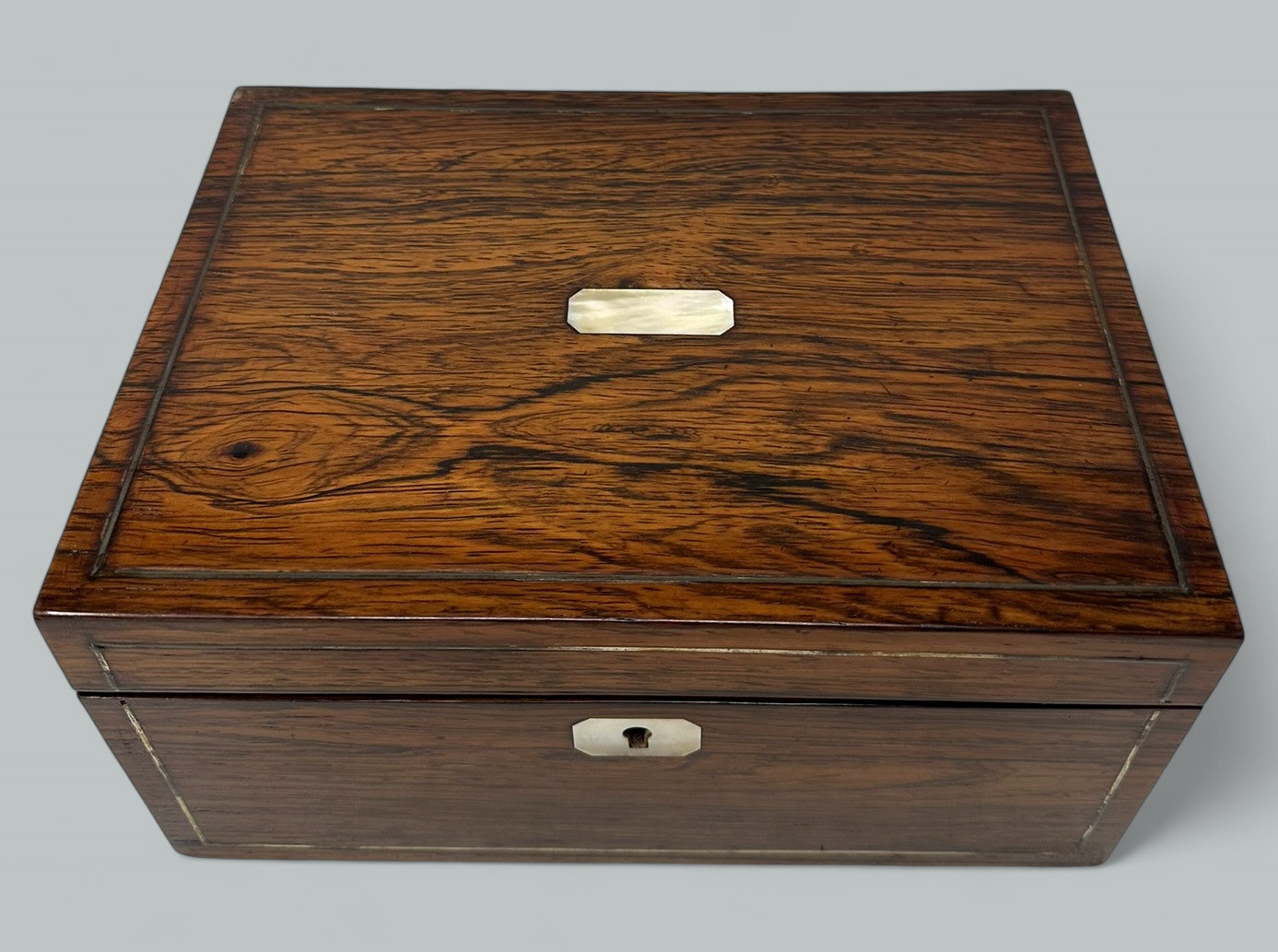 983. Antique Inlaid Rosewood English Jewelry Sewing Casket Silk Lined Interior 19th Ct