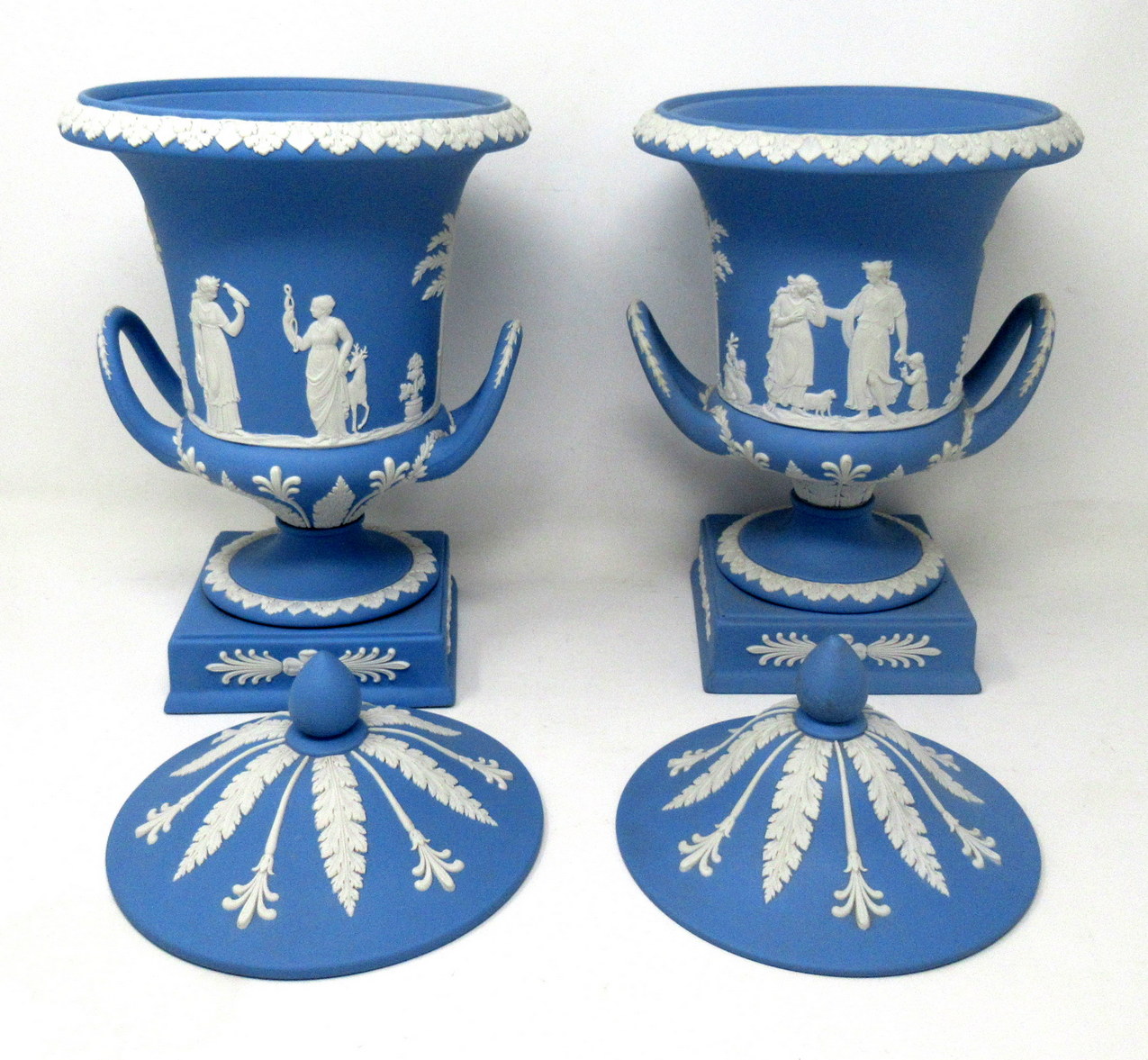 356. Antique Pair of Blue Wedgwood Jasperware Ceramic Urns Vases Mythological Classical Scenes - Image 7