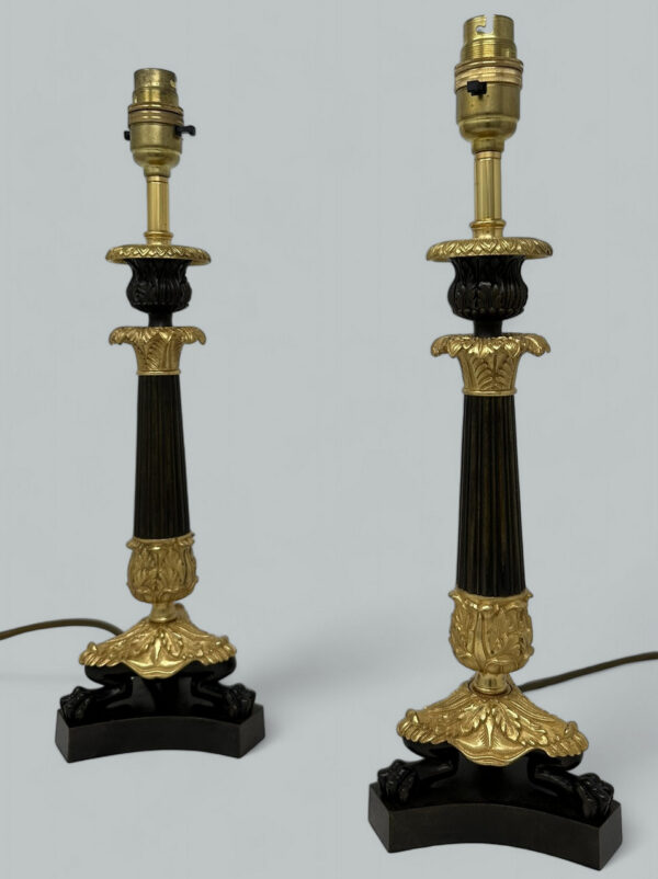533. Antique Pair French Doré Bronze Neoclassical Ormolu Gilt Candlestick Table Lamps