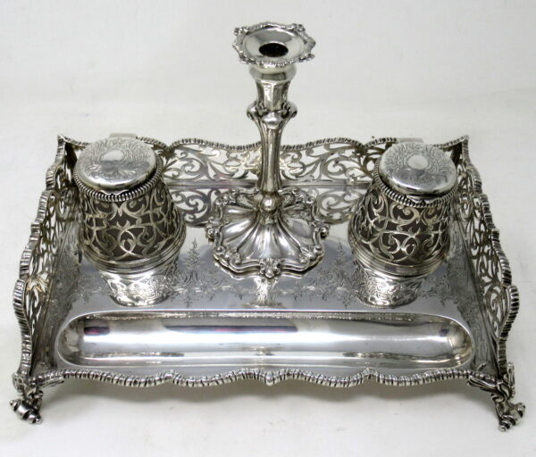 973. Antique Georgian English Sterling Silver Desk Inkstand Charles Thomas Fox 1853