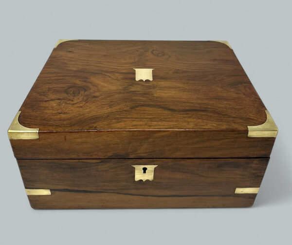 621. Antique Victorian Brass Bound Traveling Desk Walnut Wooden Writing Slope Box 19C