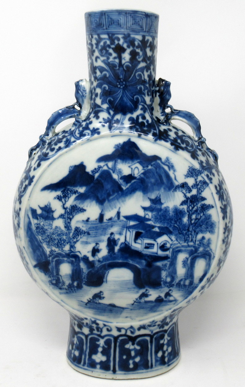 328. Superb LARGE Chinese Export Porcelain Hand Painted Blue White Moon Flask 19th Ct