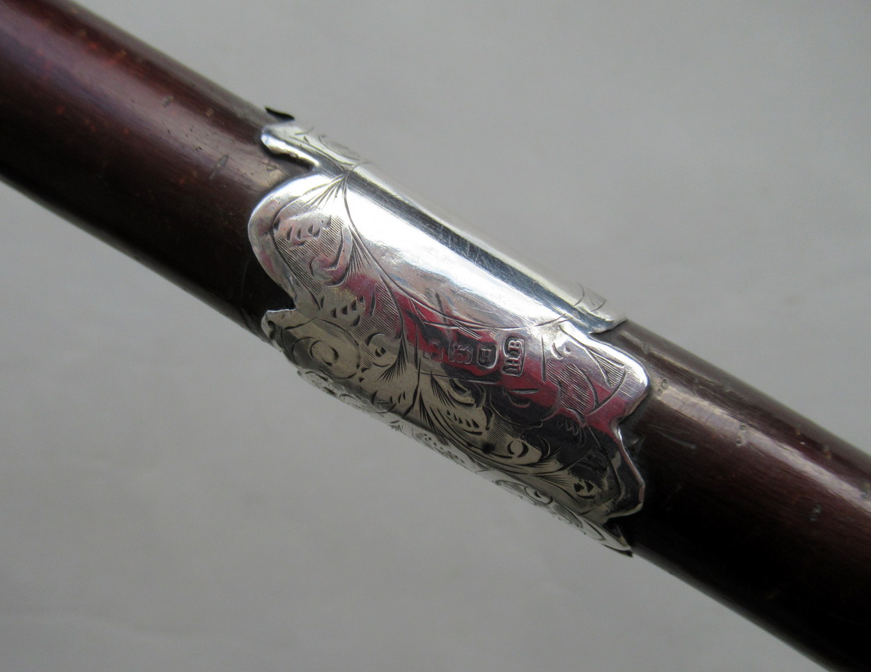 236. Hazel Crook Handle Walking Stick Silver Mounts 1903 - Image 5