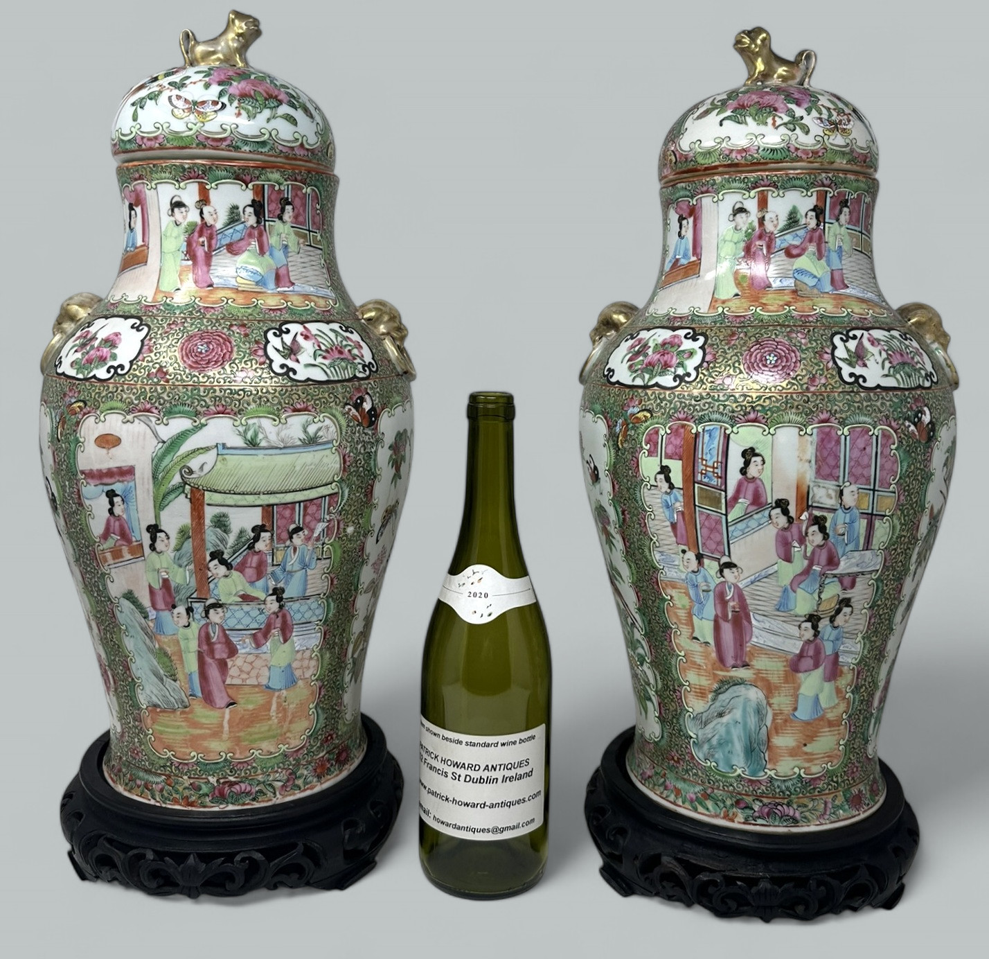 953. Antique Pair Famille Rose Medallion Canton Cantonese Chinese Fo Dog Vases Urns - Image 13