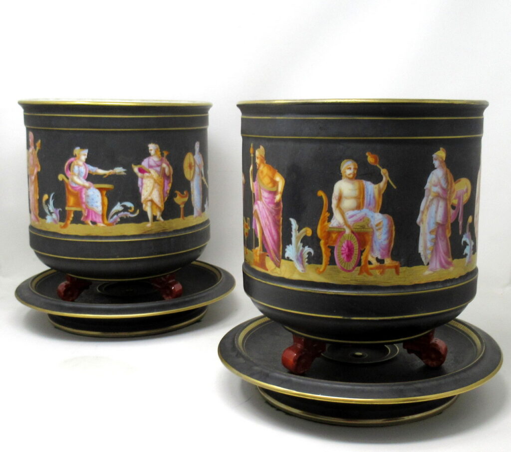 206. Antique Pair Sevres Paris Porcelain Jardinières Centerpieces Greek Gods Zeus Athena